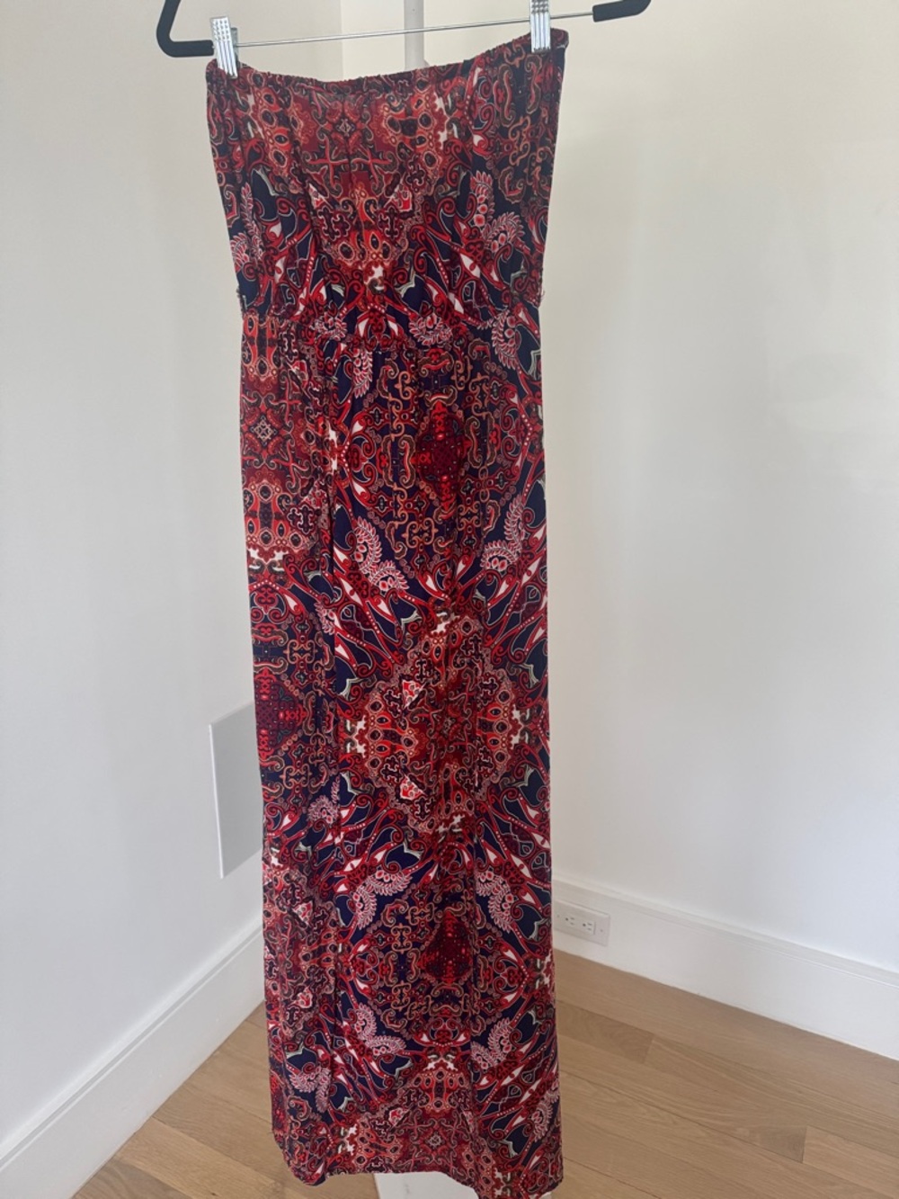 Red & Navy Paisley Strapless Maxi Dress